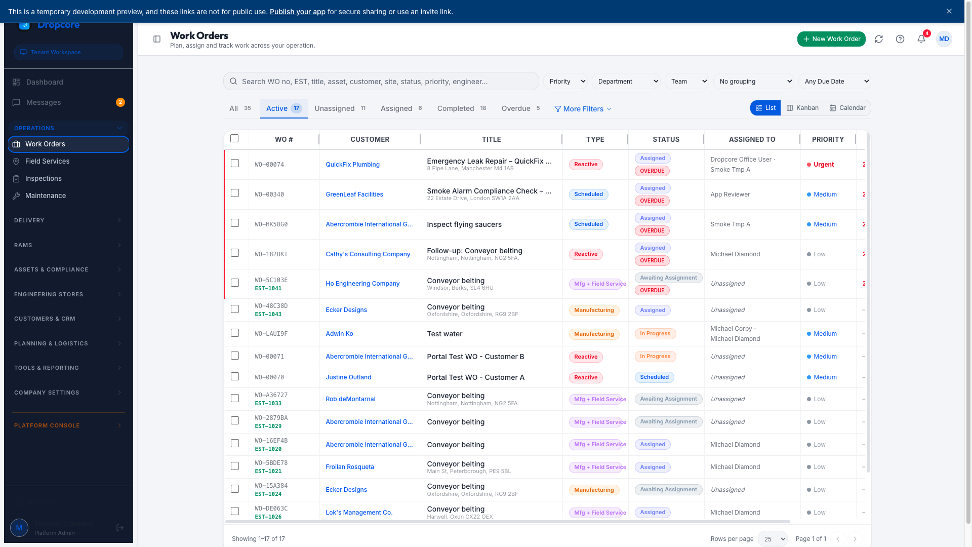 Dropcore Work Orders — active job list